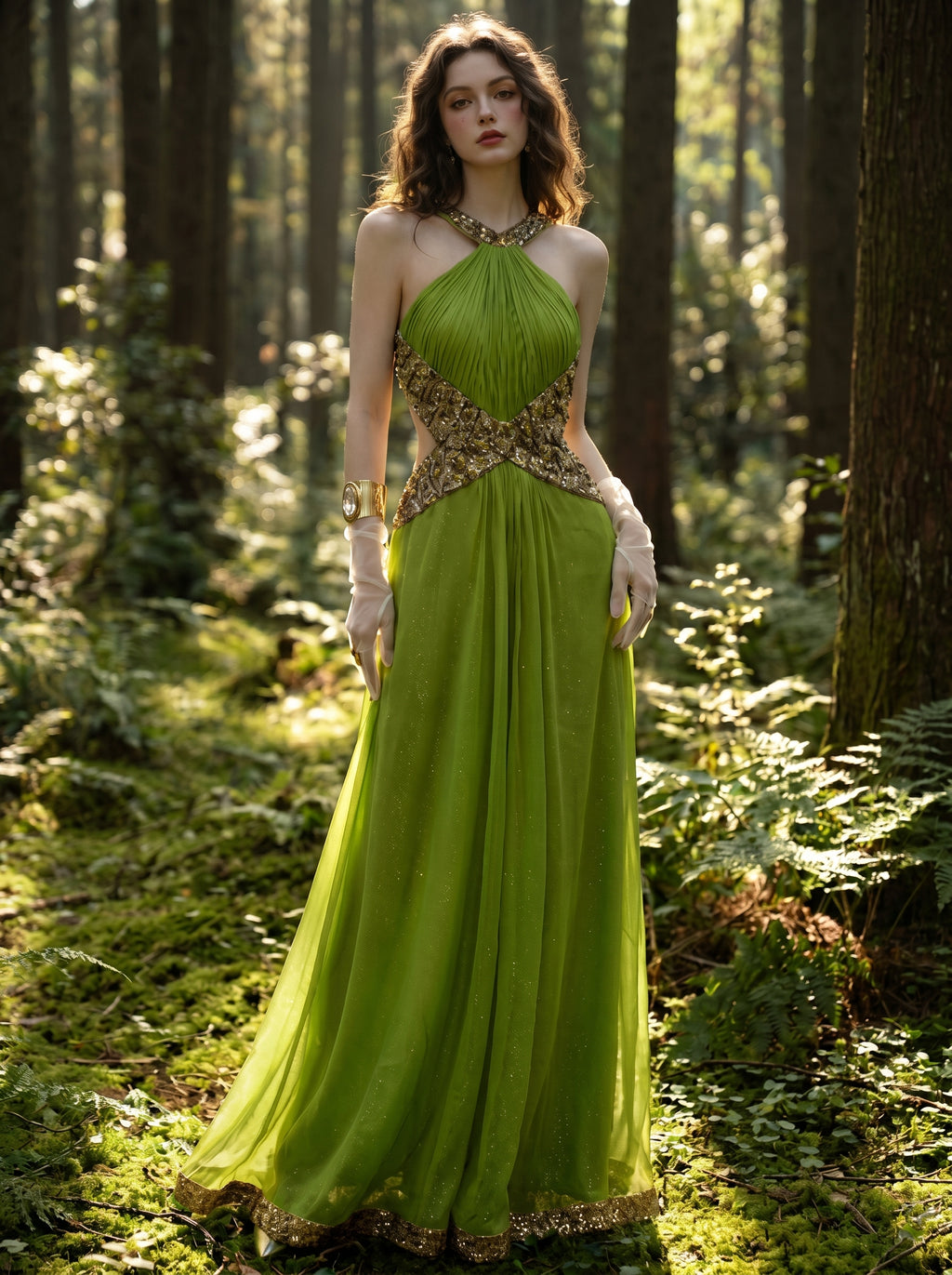 Verdant Pleated Halter Gown, view 1