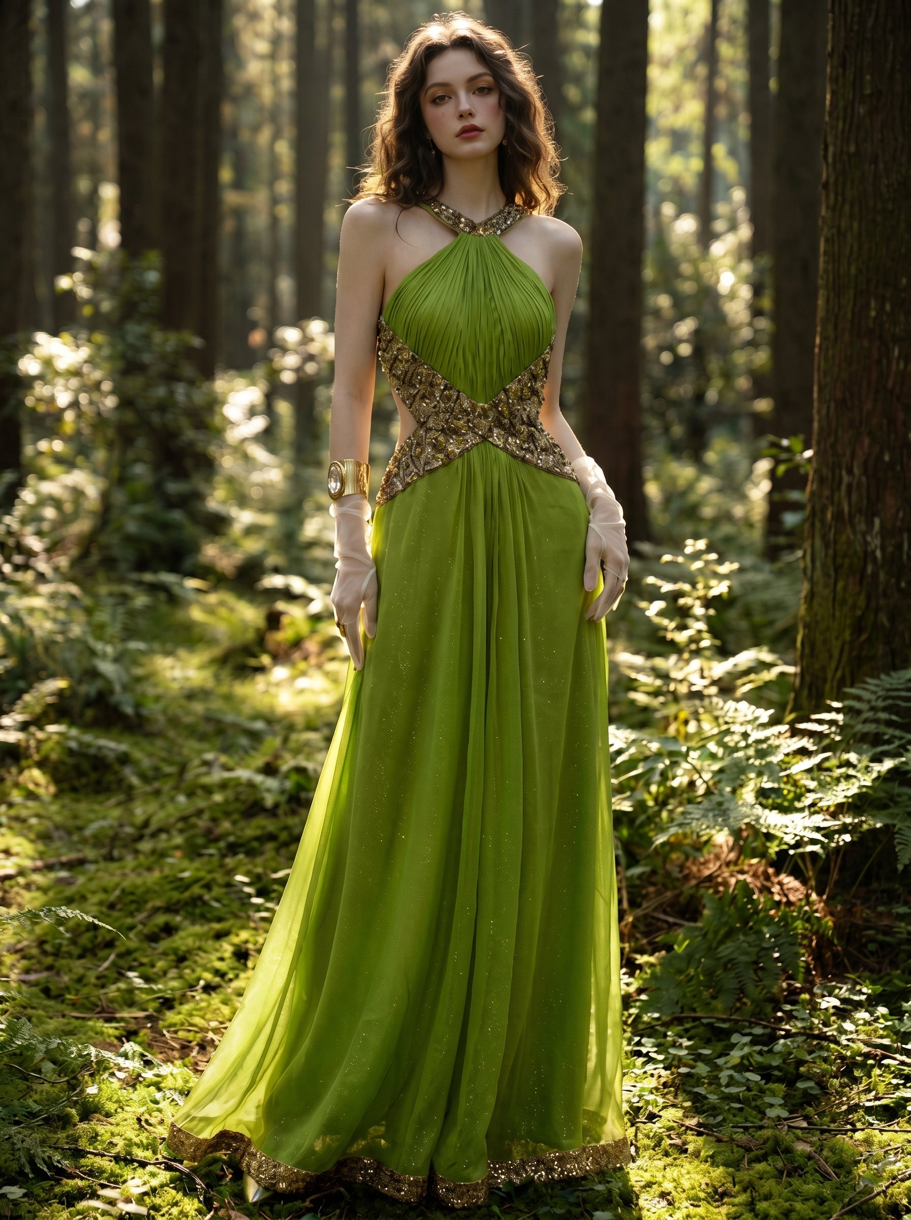 Verdant Pleated Halter Gown, view 1