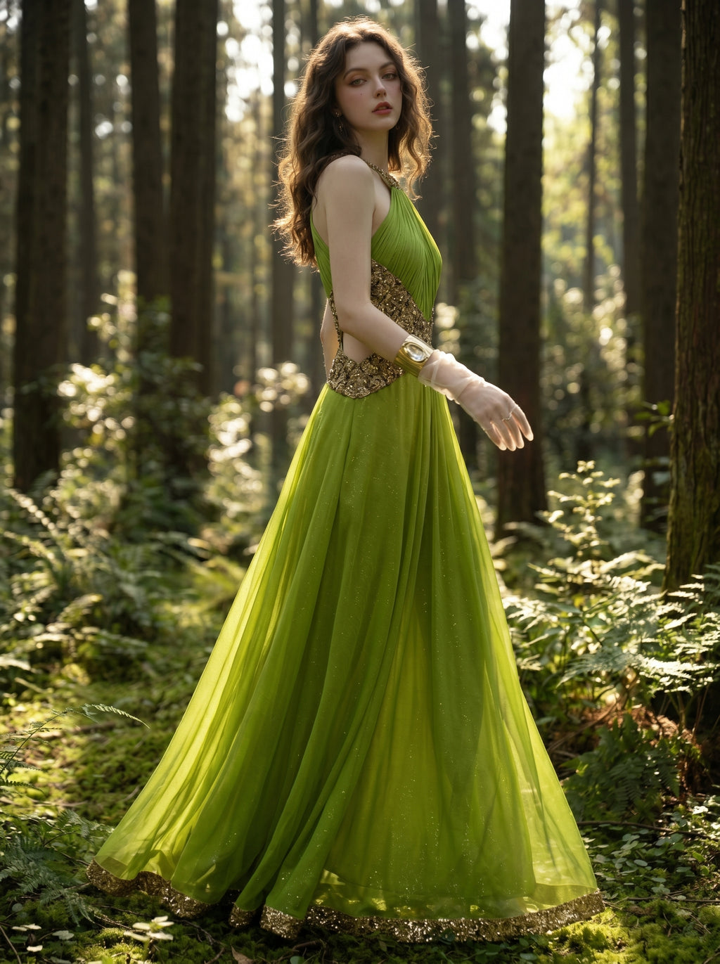 Verdant Pleated Halter Gown, view 4