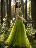 Verdant Pleated Halter Gown, view 4