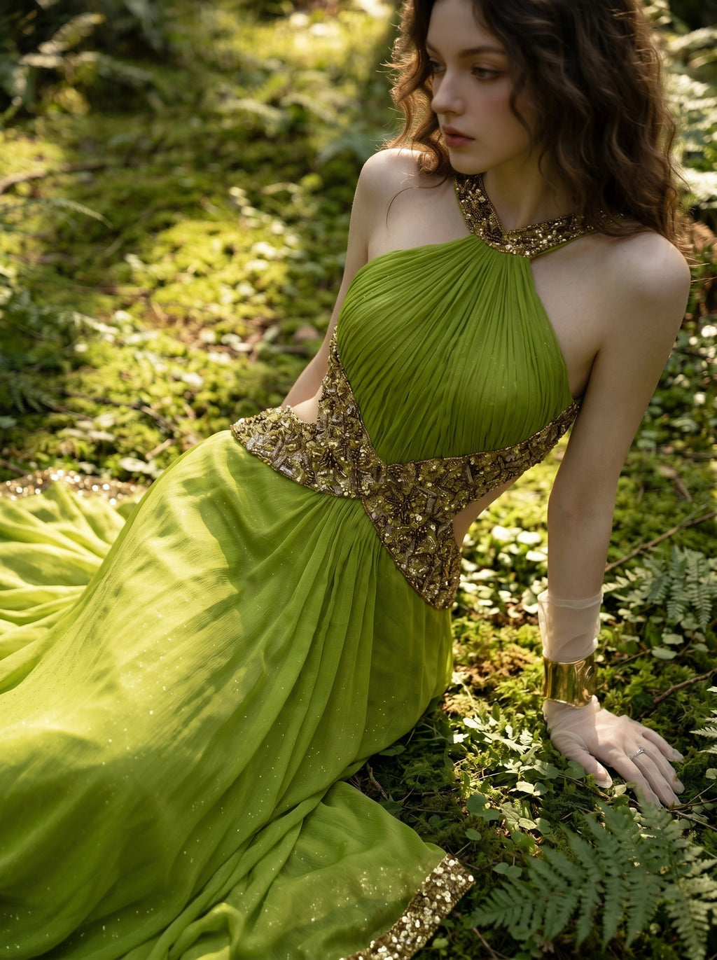 Verdant Pleated Halter Gown, view 6