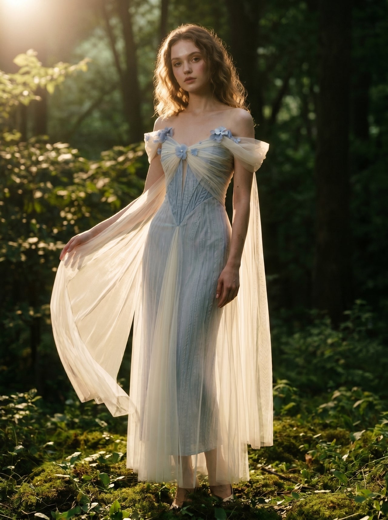 Pale blue and ivory fantasy gown in the forest