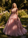 AI-generated editorial image of 3D Floral Design Sleeveless Flared Hem Luxurious And Slimming Evening Dress in a garden