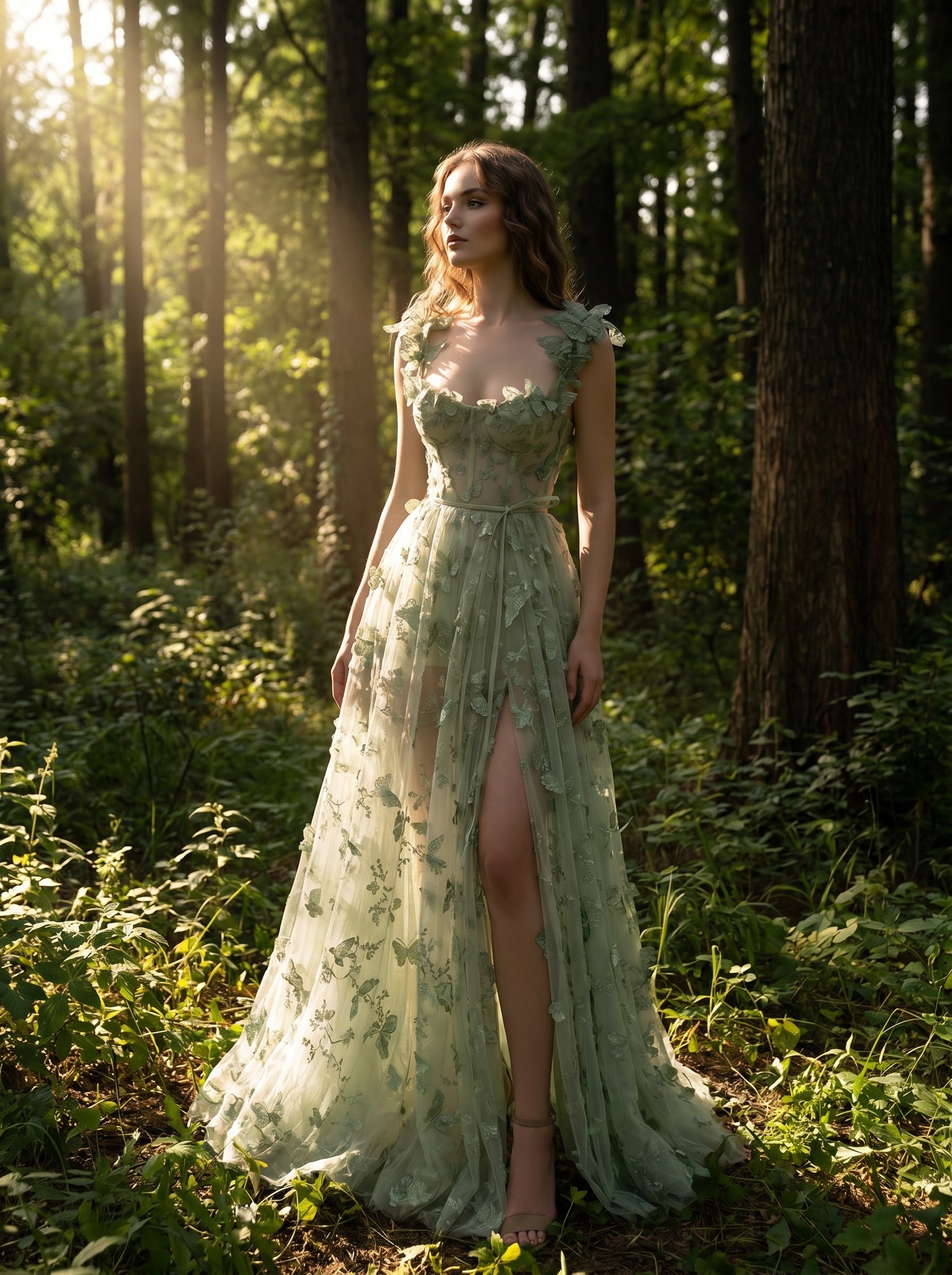 Sage Butterfly Tulle Corset Gown, view 1