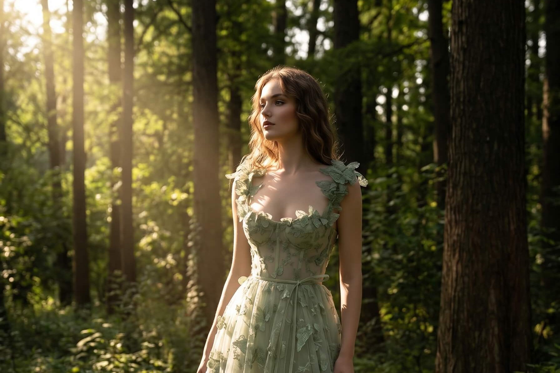 Woman in a sage green butterfly gown standing in an enchanted woodland