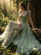 Sage Butterfly Tulle Corset Gown, view 3