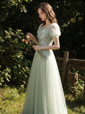 Aqua Blossom Puff-Sleeve Gown