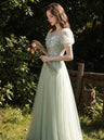 Aqua Blossom Puff-Sleeve Gown