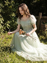 Aqua Blossom Puff-Sleeve Gown