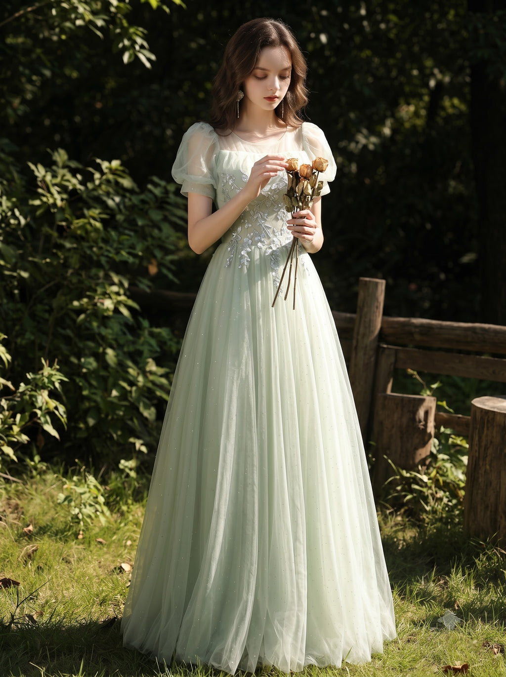 Aqua Blossom Puff-Sleeve Gown
