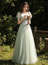 Aqua Blossom Puff-Sleeve Gown