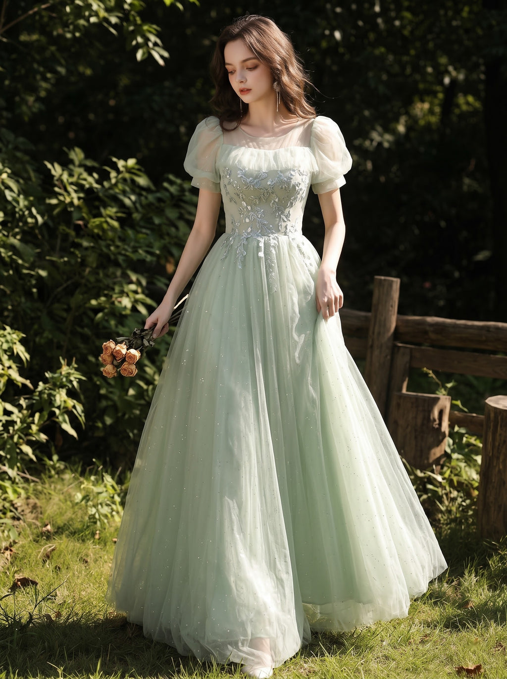 Aqua Blossom Puff-Sleeve Gown