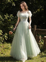 Aqua Blossom Puff-Sleeve Gown