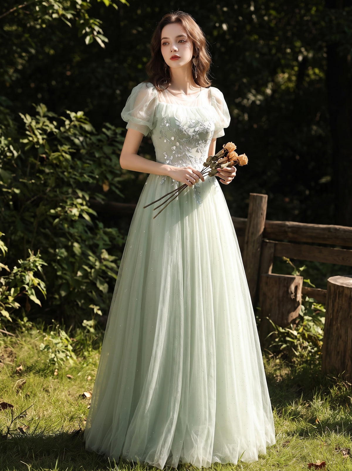 Aqua Blossom Puff-Sleeve Gown