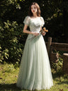 Aqua Blossom Puff-Sleeve Gown