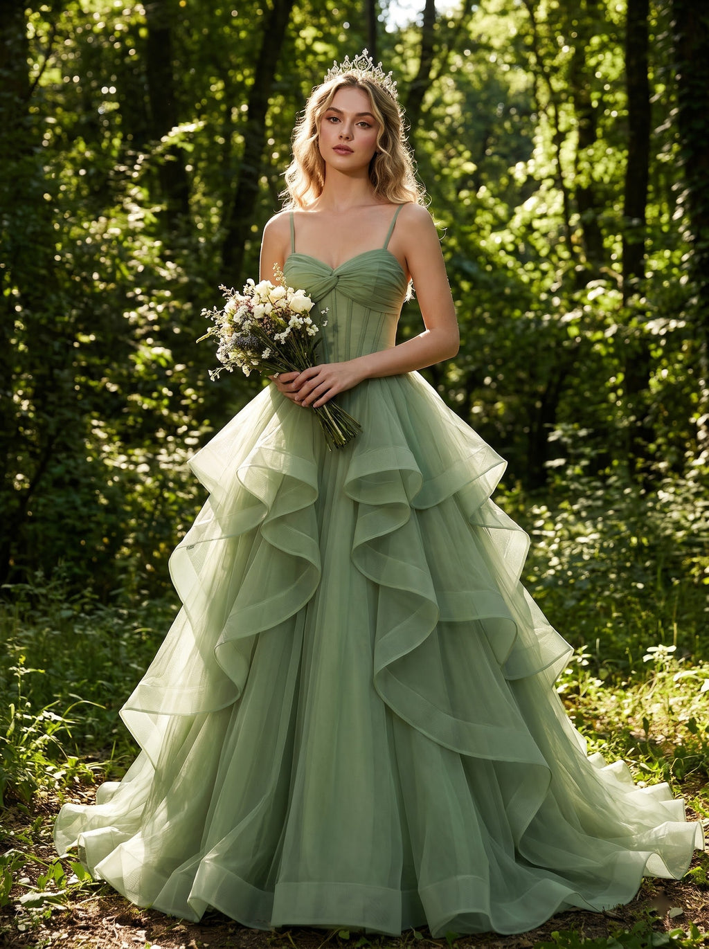 AI-generated editorial image of Fernlight Ruffle Gown – Green Wedding Dress, view 1