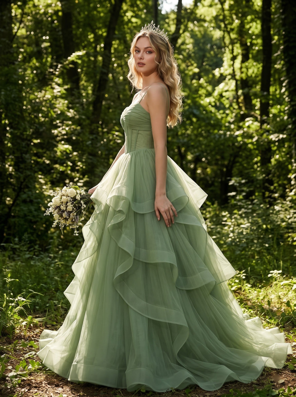 AI-generated editorial image of Fernlight Ruffle Gown – Green Wedding Dress, view 2