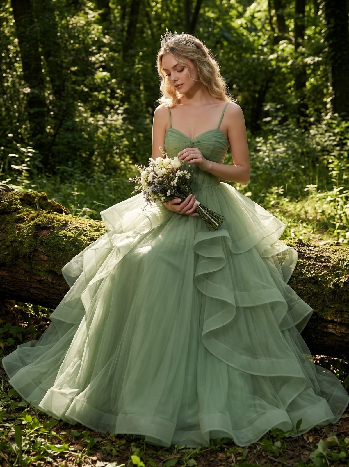 AI-generated editorial image of Fernlight Ruffle Gown – Green Wedding Dress, view 3