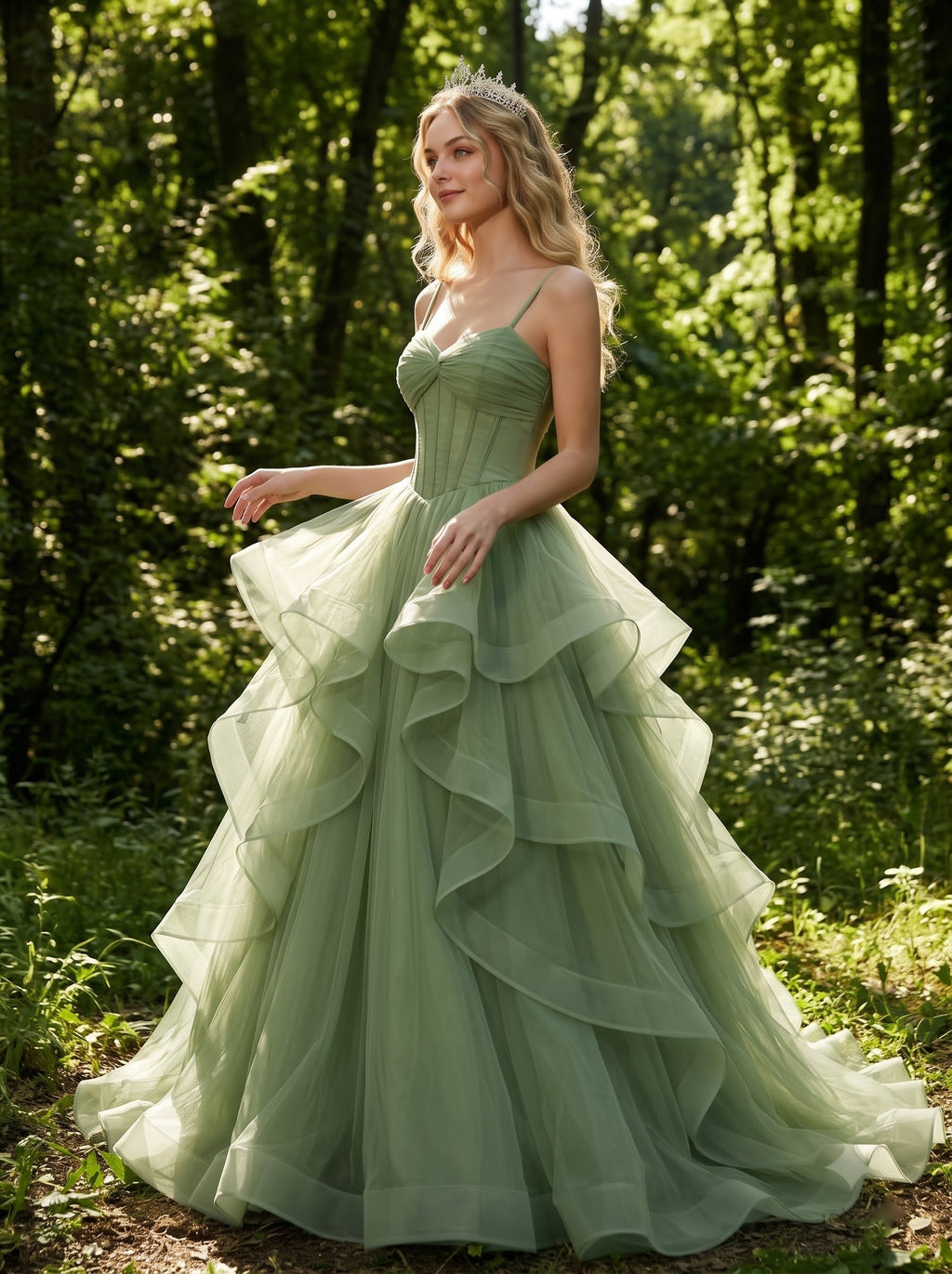 AI-generated editorial image of Fernlight Ruffle Gown – Green Wedding Dress, view 4