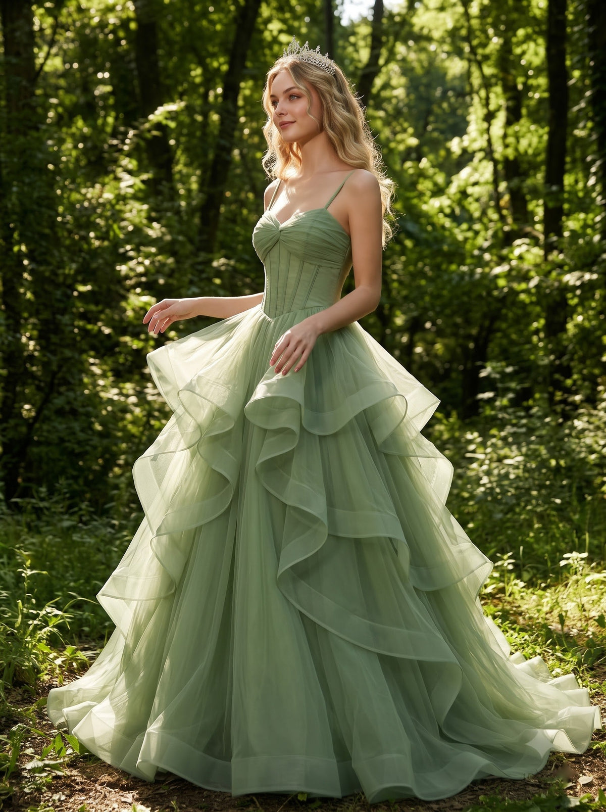AI-generated editorial image of Fernlight Ruffle Gown – Green Wedding Dress, view 4