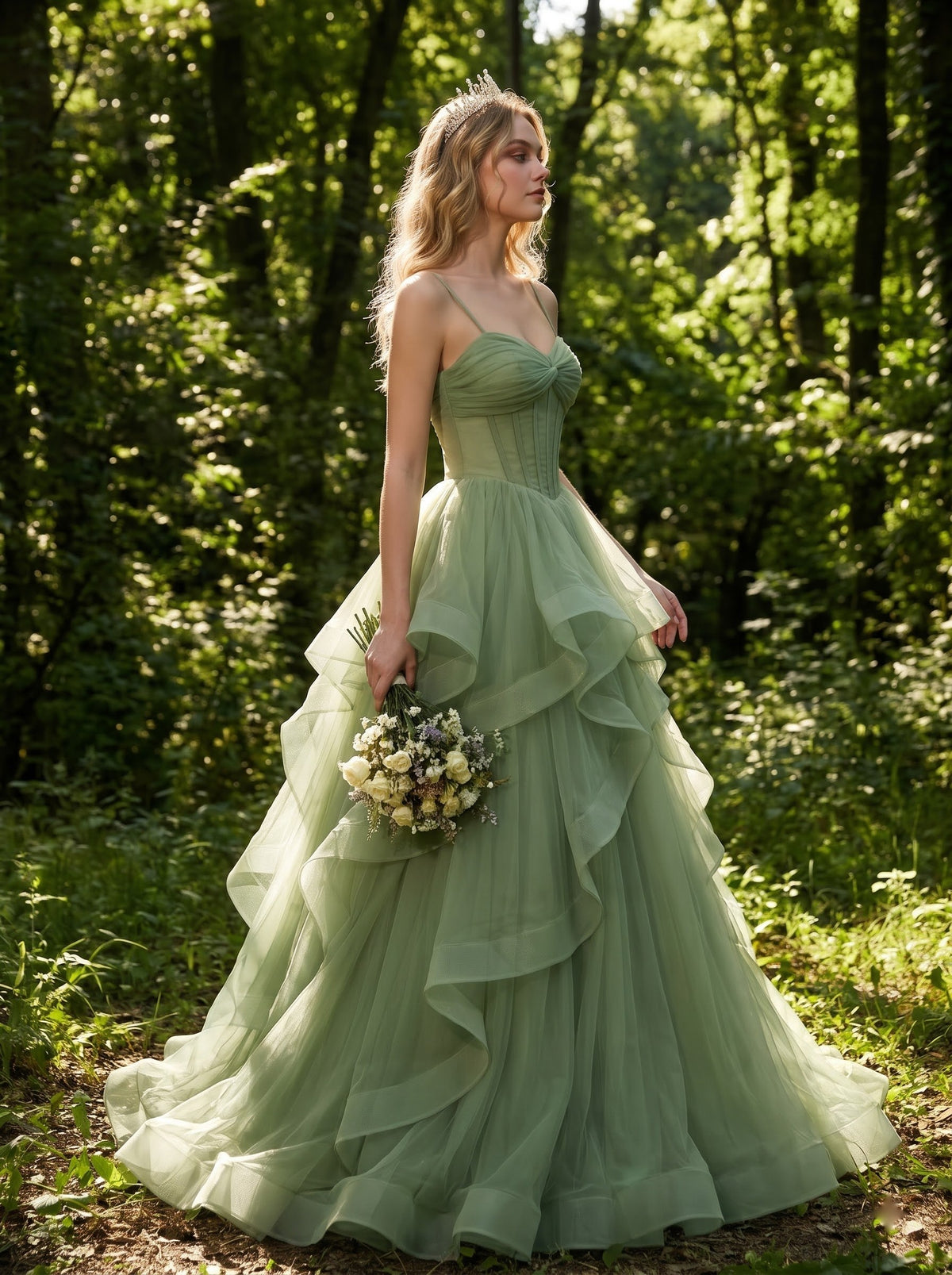 AI-generated editorial image of Fernlight Ruffle Gown – Green Wedding Dress, view 6
