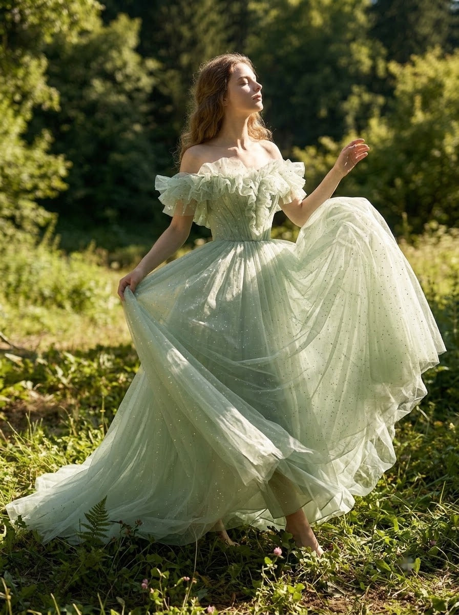 Willow Mist Off-Shoulder Gown