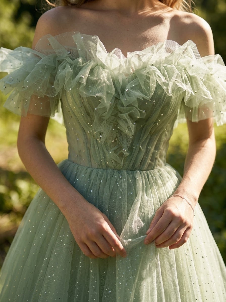Willow Mist Off-Shoulder Gown