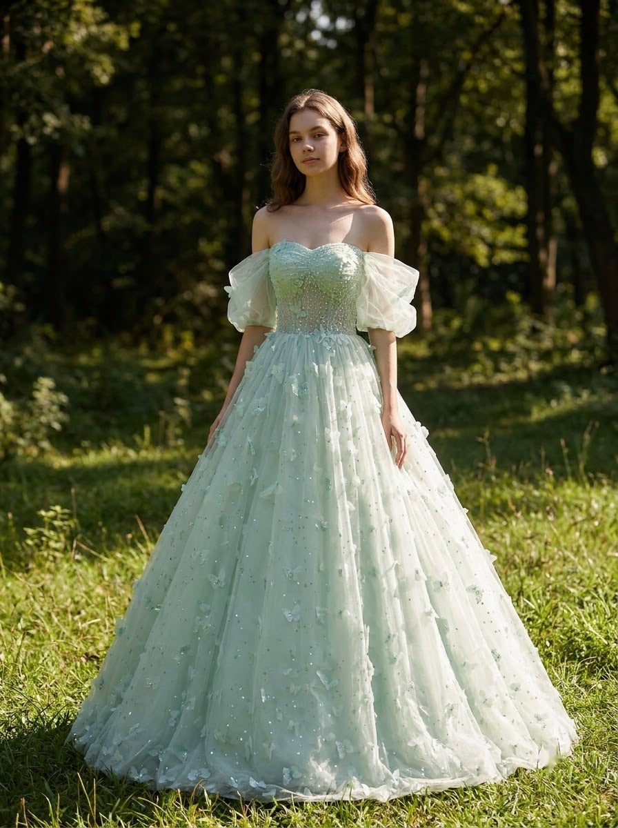 Mint Bloom Puff-Sleeve Ball Gown