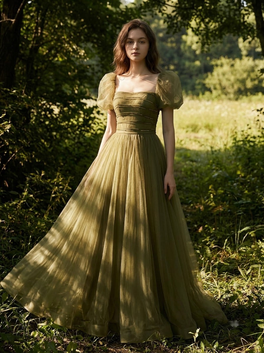 Olive Garden Puff-Sleeve Gown