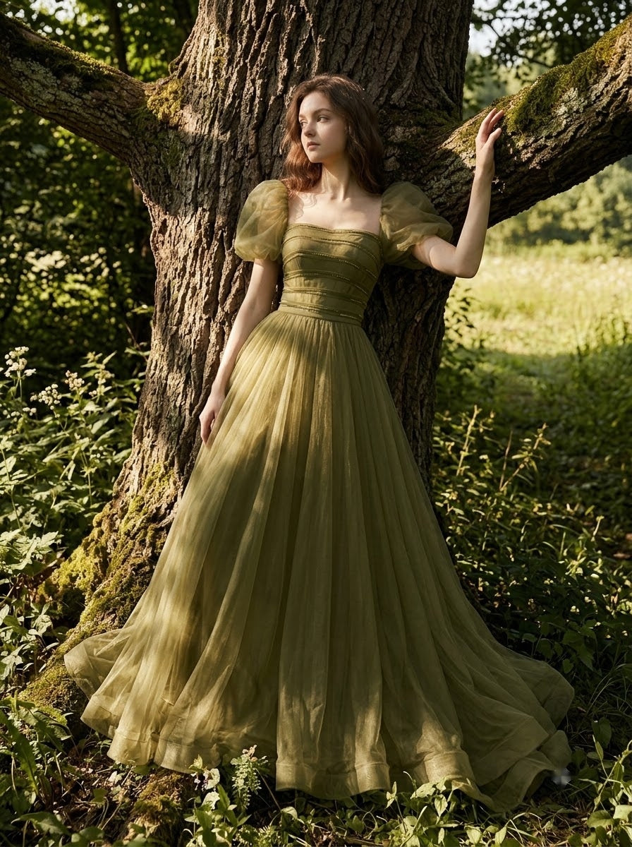 Olive Garden Puff-Sleeve Gown