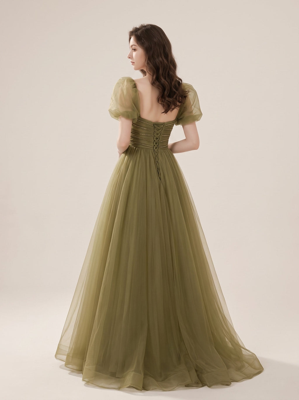 Olive Garden Puff-Sleeve Gown