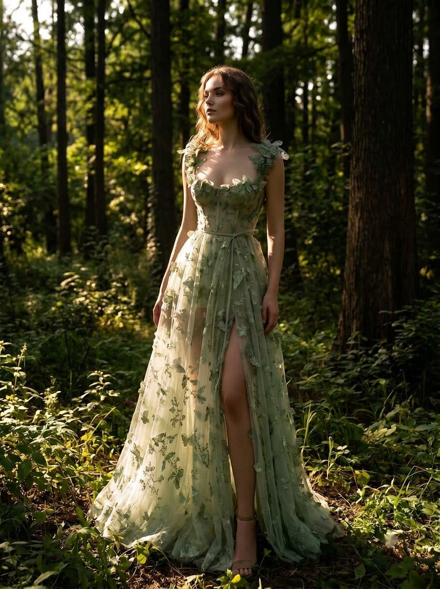 Sage Butterfly Tulle Corset Gown – Green Prom Dress
