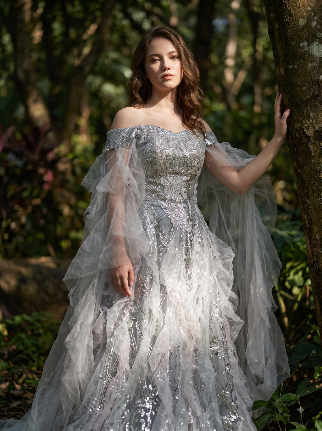 Vestido de baile com contas de salgueiro prateado