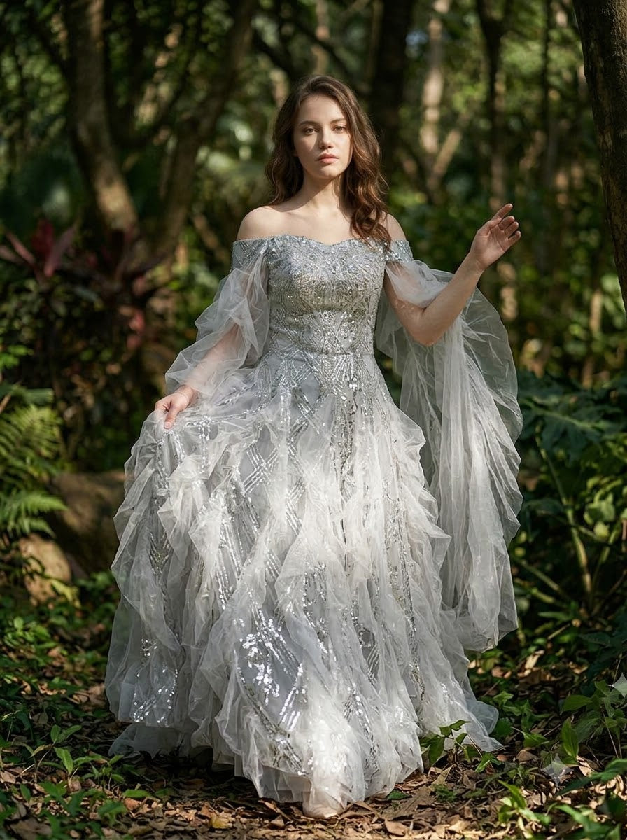 Vestido de baile com contas de salgueiro prateado