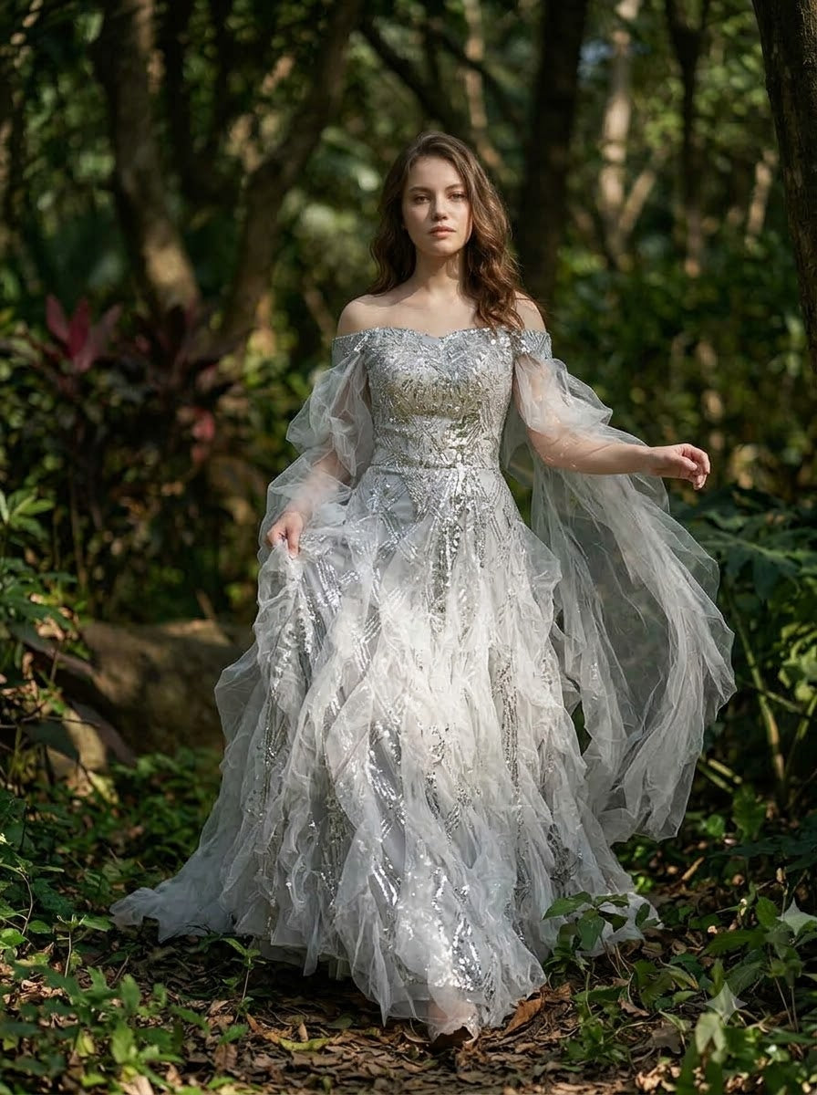 Vestido de baile com contas de salgueiro prateado