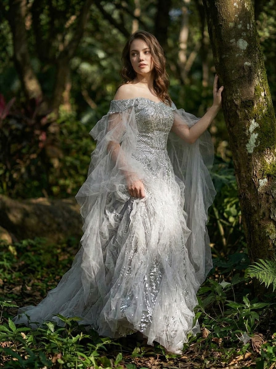 Vestido de baile com contas de salgueiro prateado