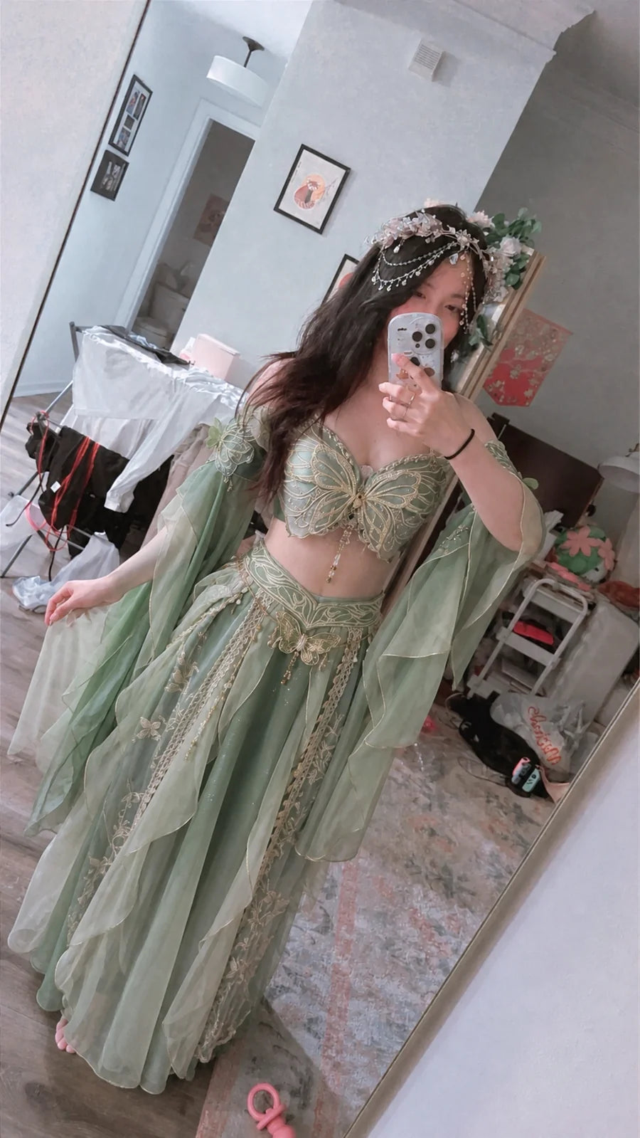 Customer mirror try-on wearing the Butterfly Forest Goddess Two-Piece Set