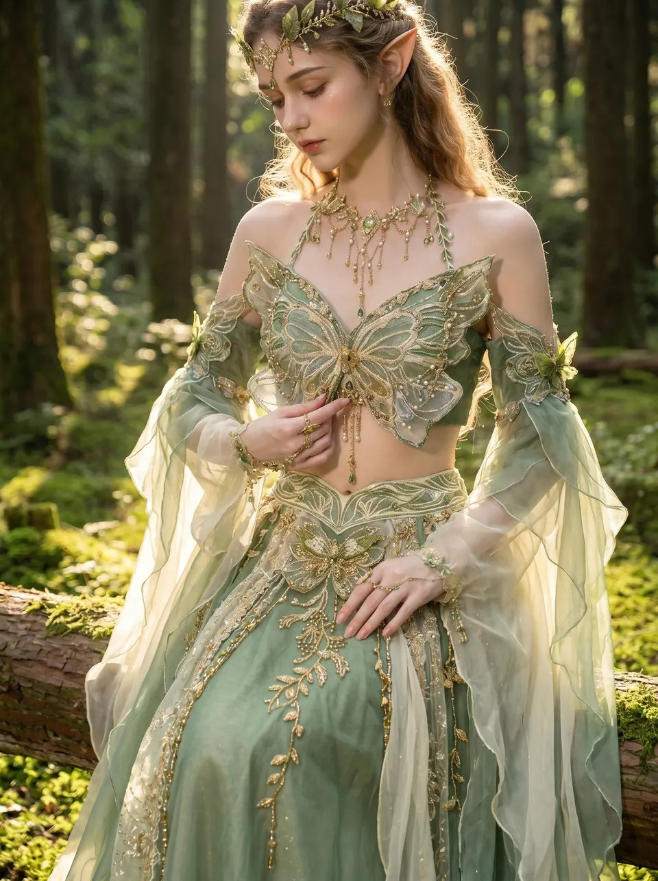 Woodland elf outfit with embroidered butterfly details